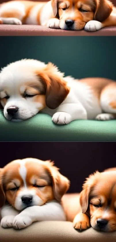 Adorable sleepy puppies resting peacefully in a cozy, warm setting.