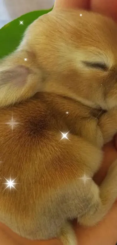 Adorable sleeping rabbit nestled in hands with sparkling stars.