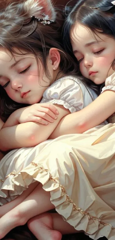 Adorable twin girls sleeping in digital art wallpaper.