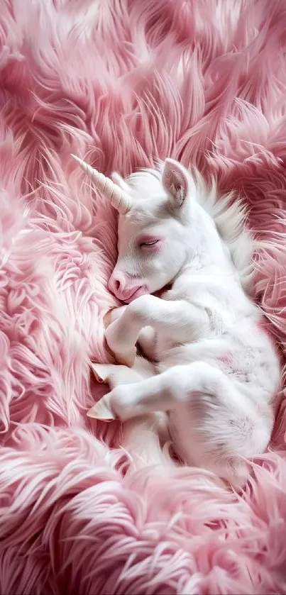 Sleeping unicorn surrounded by pink fluffy fur for a mobile wallpaper.