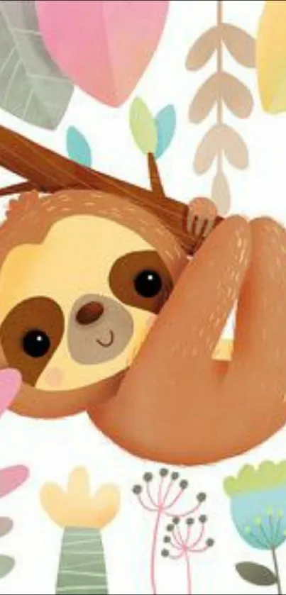 Adorable cartoon sloth hanging on a branch with colorful leaves.