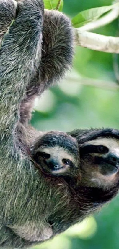 A heartwarming image of two sloths hanging in their natural jungle habitat.