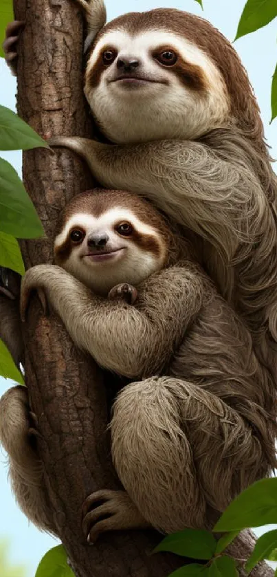 Two sloths cuddling on a tree branch with lush green leaves.