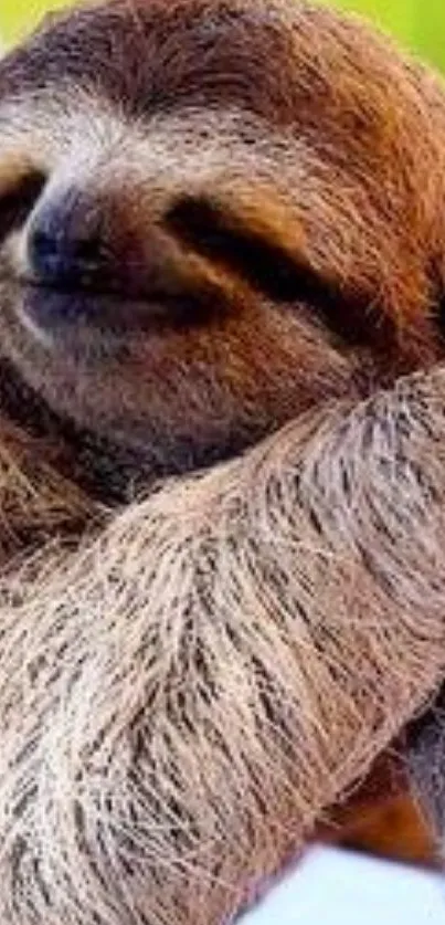 Close-up of a cute smiling sloth lounging in natural colors for phone wallpaper.