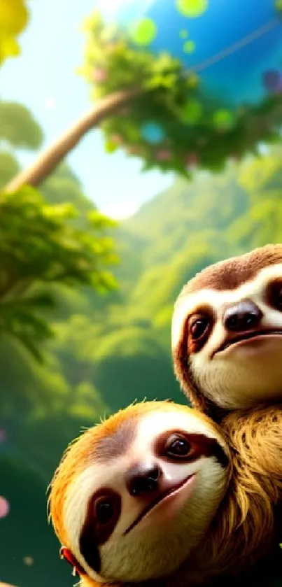 Cute sloths in a lush green jungle setting with vibrant nature.