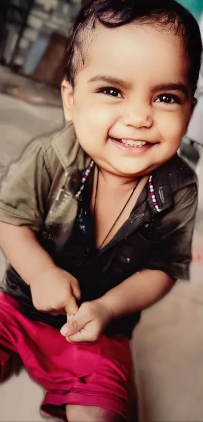 Cute baby with a big smile wearing pink shorts.