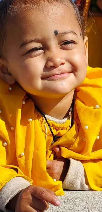 Smiling child in yellow outfit mobile wallpaper