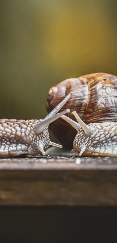 Two snails on a wooden log with blurred brown background.