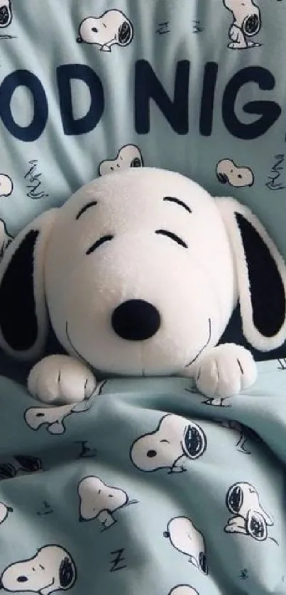 Snoopy plush toy on a blue bed with 'Good Night' text design.