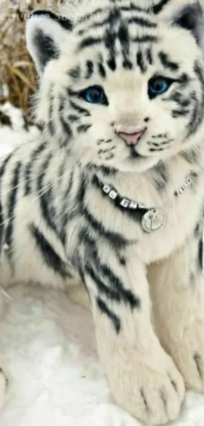 Adorable snow tiger cub in a snowy landscape with piercing blue eyes.