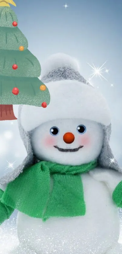 Adorable snowman with Christmas tree background for mobile wallpaper.