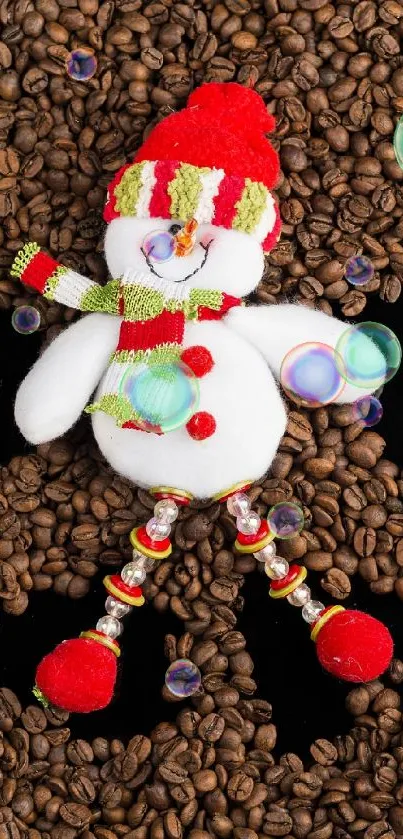 Cute snowman nestled among coffee beans for a whimsical holiday wallpaper.