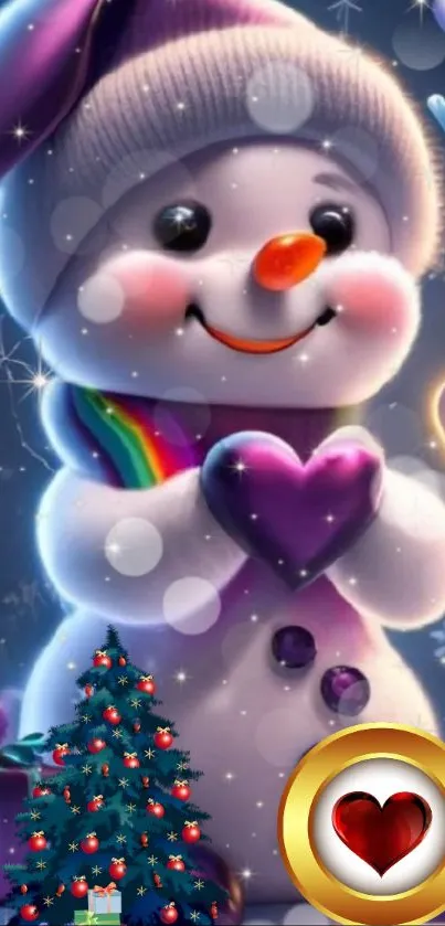 Snowman with heart in festive holiday scene on mobile wallpaper.