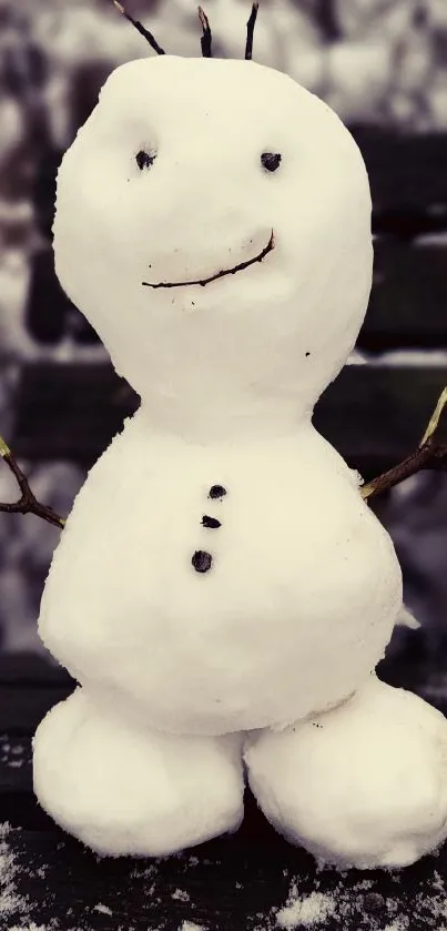 Cute snowman standing on a snowy bench in winter.