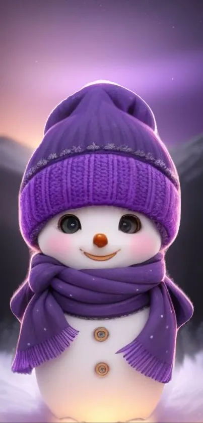 Cute snowman with purple hat and scarf, winter mobile wallpaper.