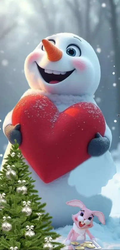 Cute snowman holding heart in winter scene