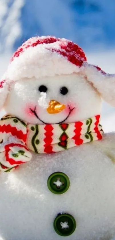 Adorable snowman with hat and scarf in a snowy landscape.