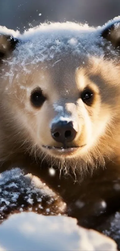 Adorable bear cub in snowy wilderness scene, enhancing mobile screens.