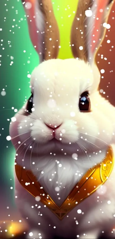 Adorable bunny with gold collar in snowy scene.