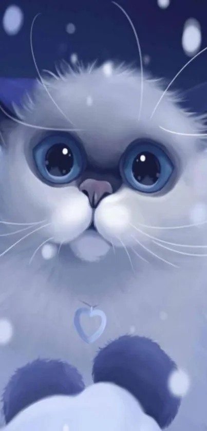 Cute fluffy cat in snowy winter background with blue eyes.