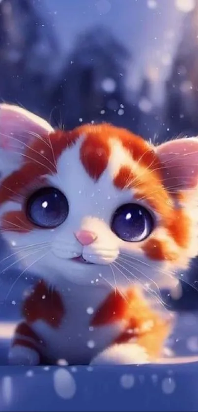 Adorable cartoon kitten in the snow with big eyes and orange-white fur.