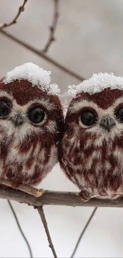 Fluffy snowy owls sitting on a branch.