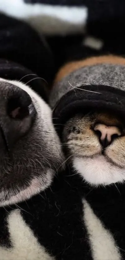 Dog and cat snuggled under blankets looking cozy.