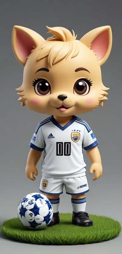 Adorable cartoon cat in soccer uniform with ball.