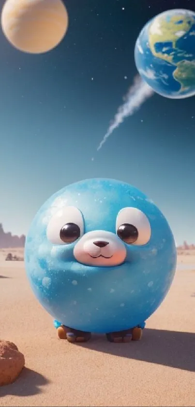 Cartoon animal in a space scene with planets for phone wallpapers.