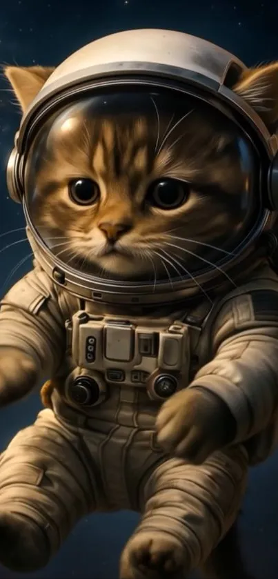 Cute kitten in astronaut suit floating in space.