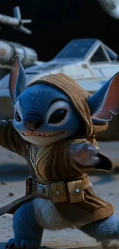 Cute blue space creature in a sci-fi setting.