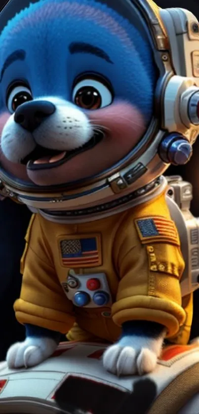 Adorable cartoon dog in space suit on a cosmic journey.