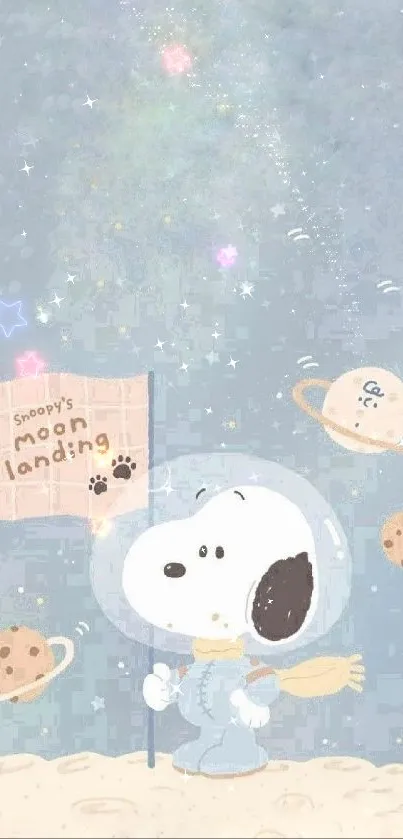 Adorable Snoopy in space-themed mobile wallpaper.