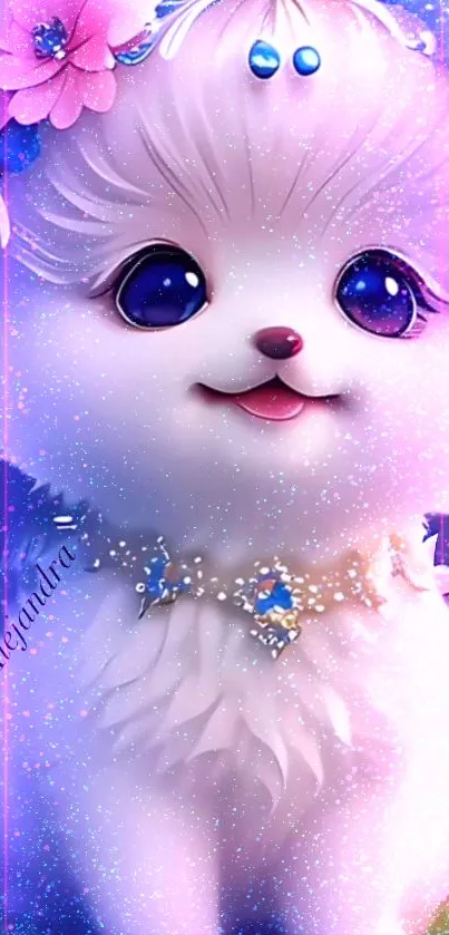 Adorable fluffy puppy with sparkling collar and purple hues.