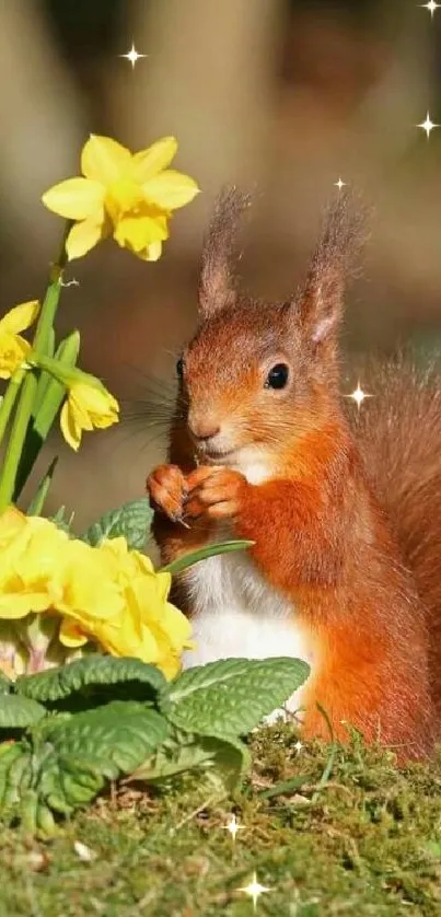 Red squirrel with yellow flowers in nature.