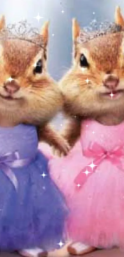 Two cute squirrels in ballet tutus, one in purple and the other in pink.