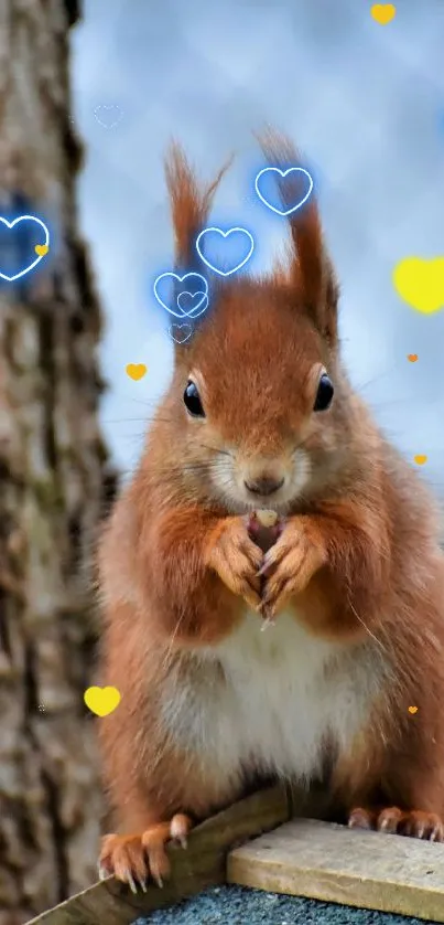 Adorable red squirrel on a wooden roof with tree background.