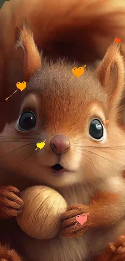 Cute squirrel holding acorn with heart accents on mobile wallpaper.