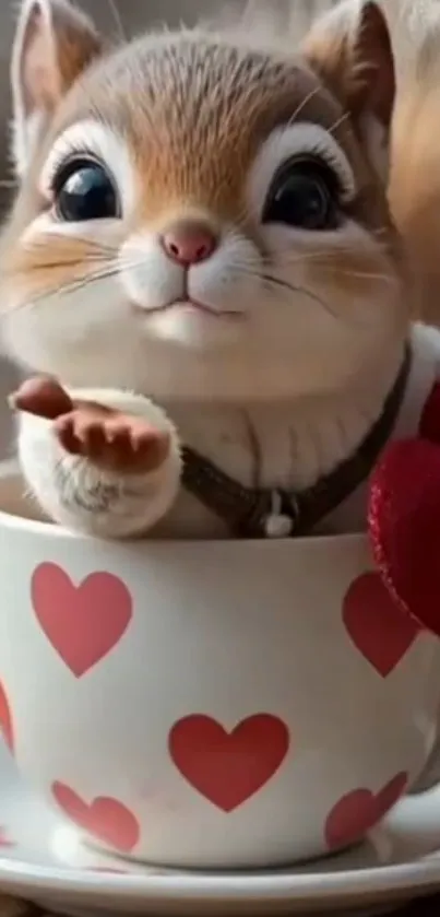 Cute squirrel in a heart-patterned cup.