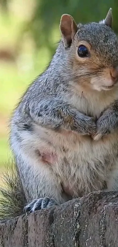 Closeup of a cute squirrel sitting on a wall in a nature setting.