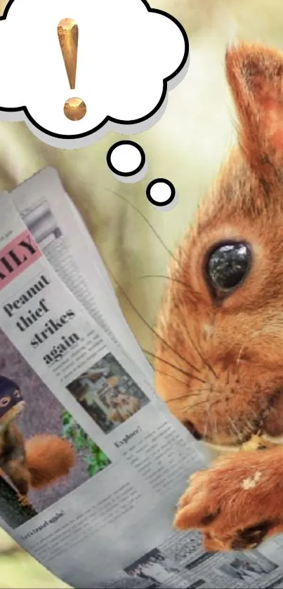 Whimsical squirrel reading a newspaper in a forest setting.