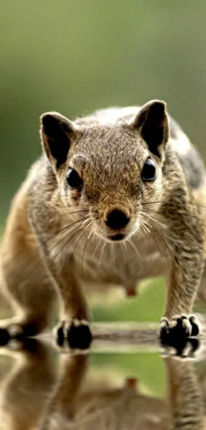 Adorable squirrel with reflection on green backdrop.