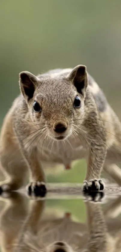 Adorable squirrel with its reflection on a serene background.