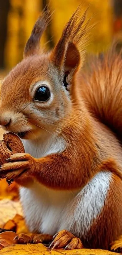 Cute squirrel holding an acorn in autumn scenery.