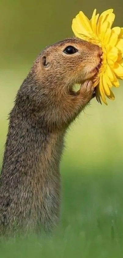 Squirrel sniffing a bright yellow flower in a green meadow.