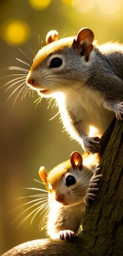 Two cute squirrels perched on a tree with a warm, glowing background.