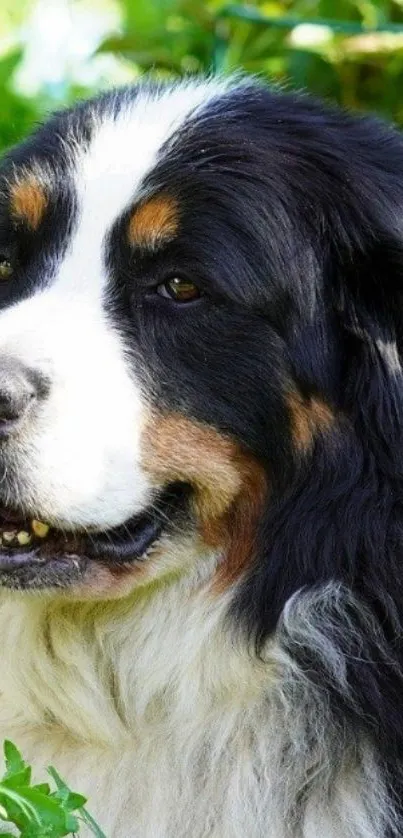 St. Bernard dog with lush green background.