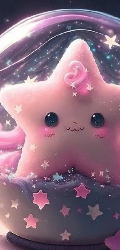 Adorable pink star character in a magical night setting.