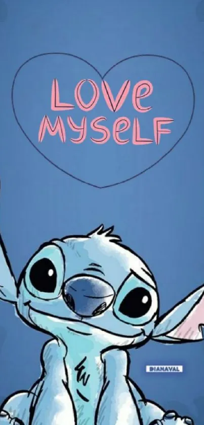 Cute Stitch wallpaper with Love Myself message on blue background.