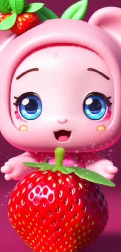 Adorable cartoon character in strawberry outfit with pink background.